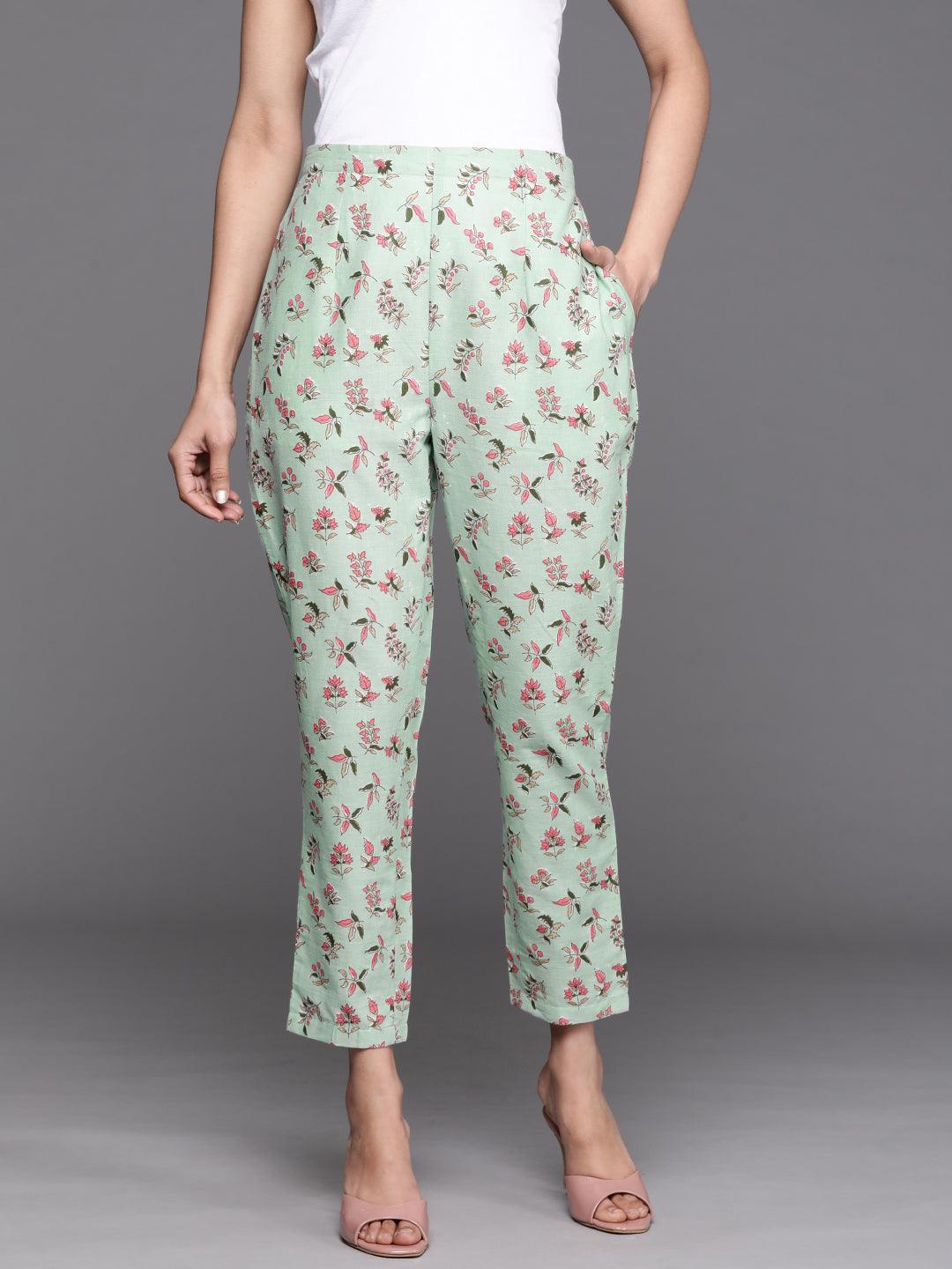 Green Printed Cotton Trousers - ShopLibas