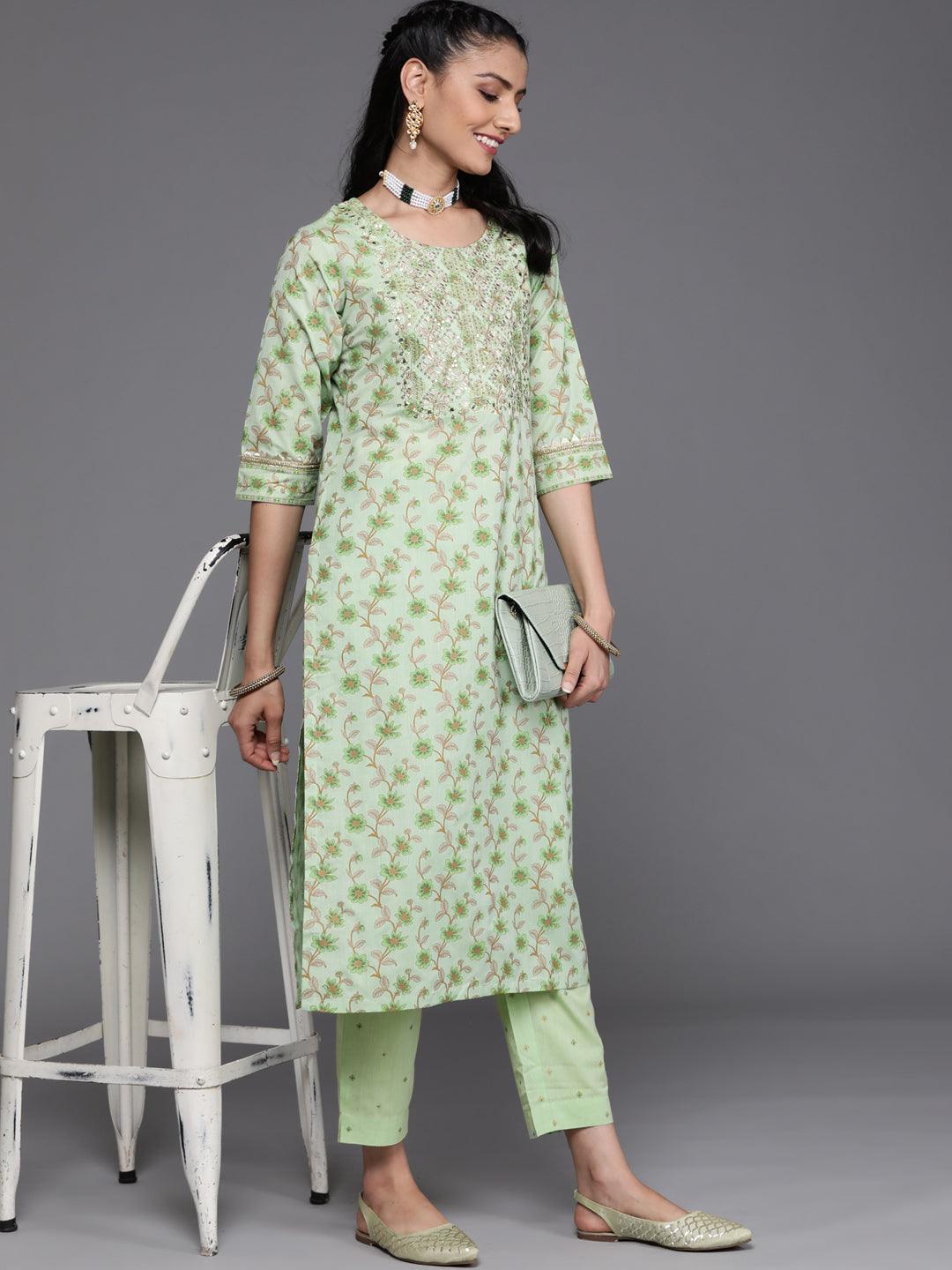 Green Printed Cotton Trousers - ShopLibas