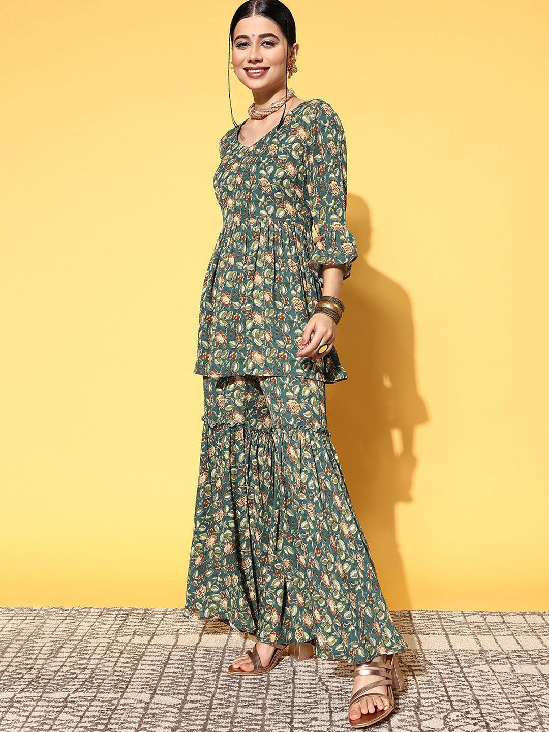 Green Printed Georgette Co-Ords - ShopLibas