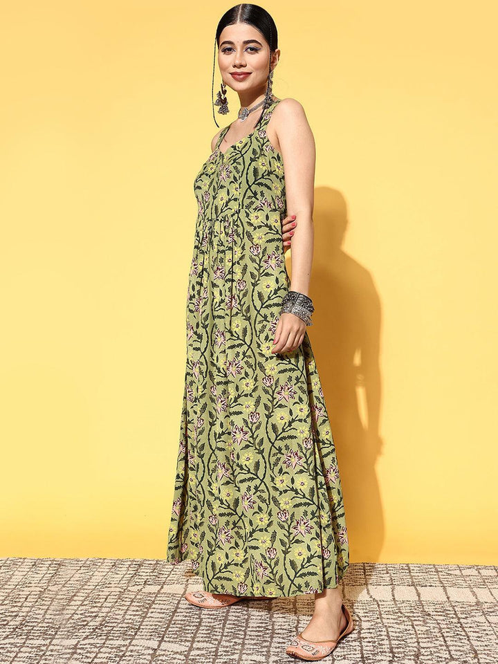 Green Printed Georgette Fit and Flare Dress