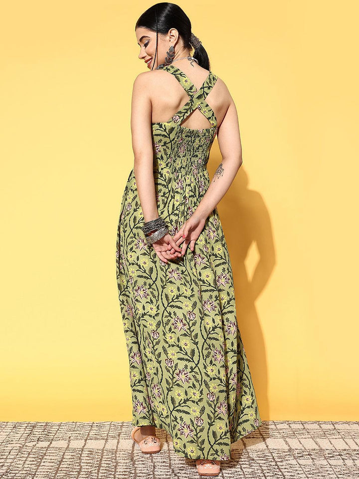 Green Printed Georgette Fit and Flare Dress
