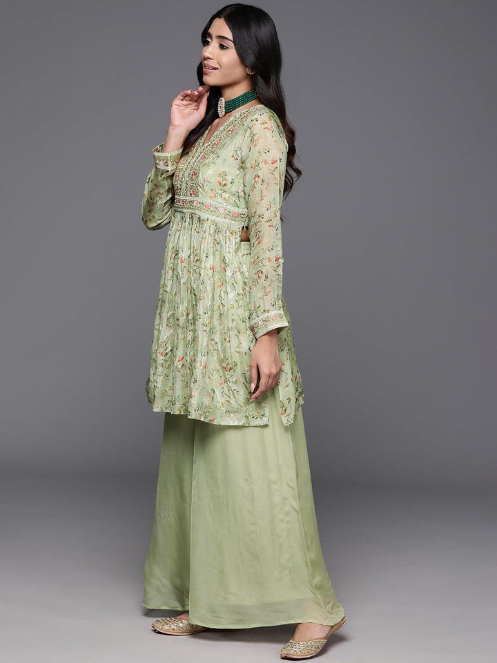 Green Printed Organza A-Line Kurta With Palazzos & Dupatta