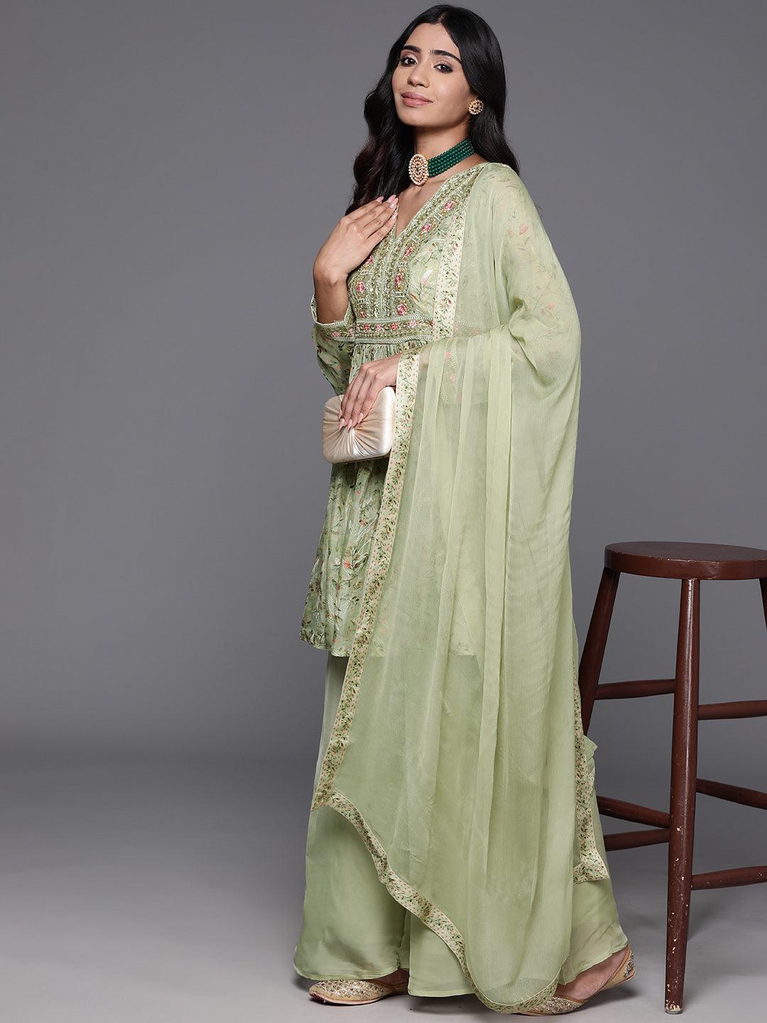 Green Printed Organza A-Line Kurta With Palazzos & Dupatta