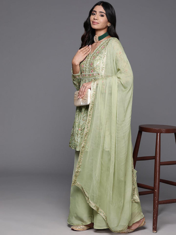 Green Printed Organza A-Line Kurta With Palazzos & Dupatta