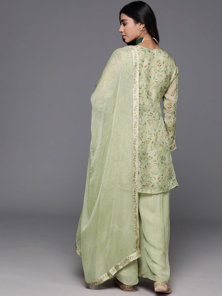 Green Printed Organza A-Line Kurta With Palazzos & Dupatta