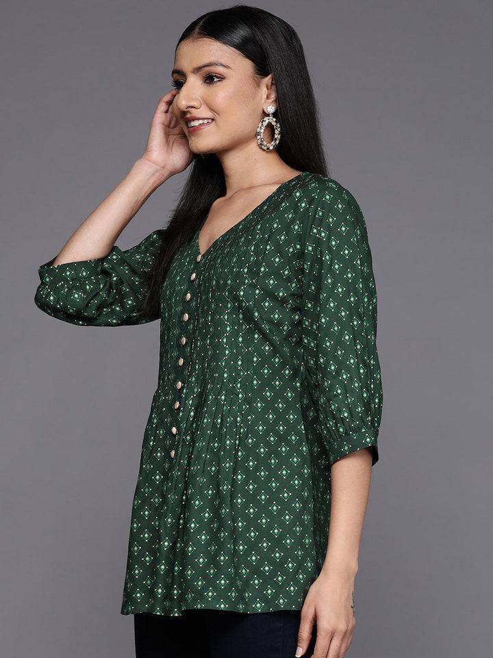 Green Printed Rayon A-Line Kurti