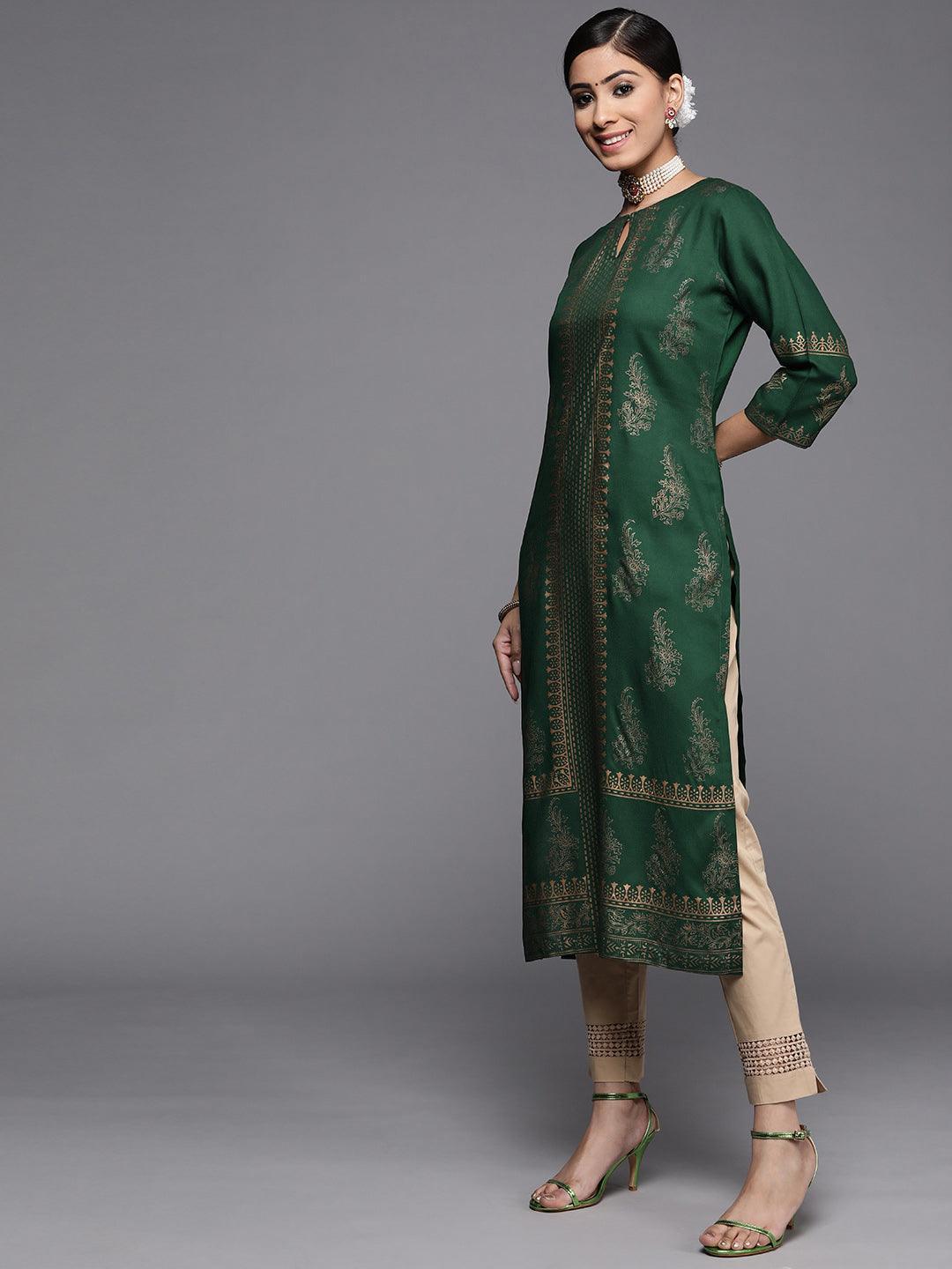 Green Printed Rayon Straight Kurta - ShopLibas