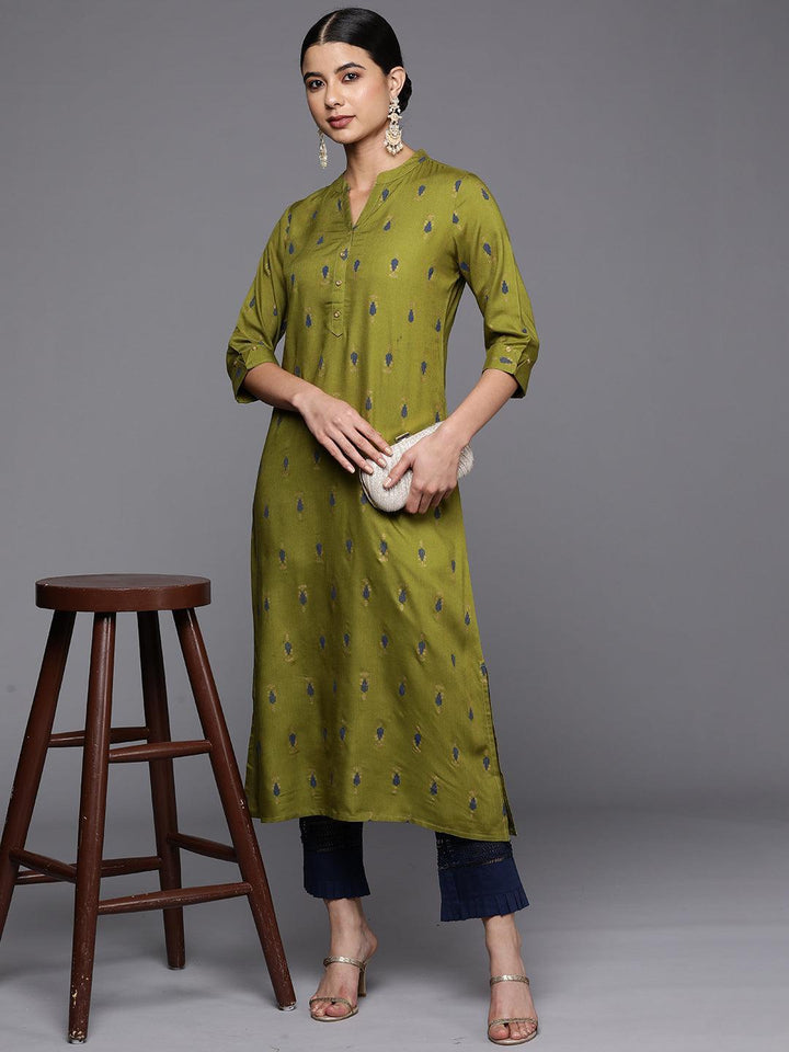 Green Printed Rayon Straight Kurta