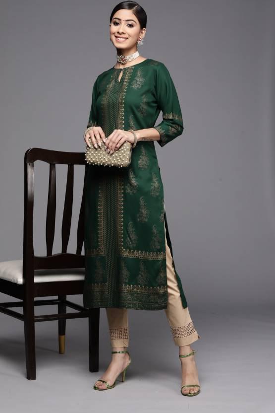 Green Printed Rayon Straight Kurta