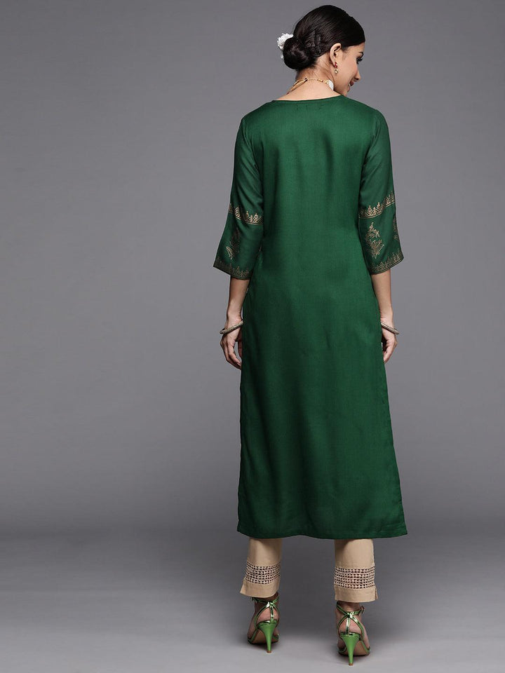 Green Printed Rayon Straight Kurta
