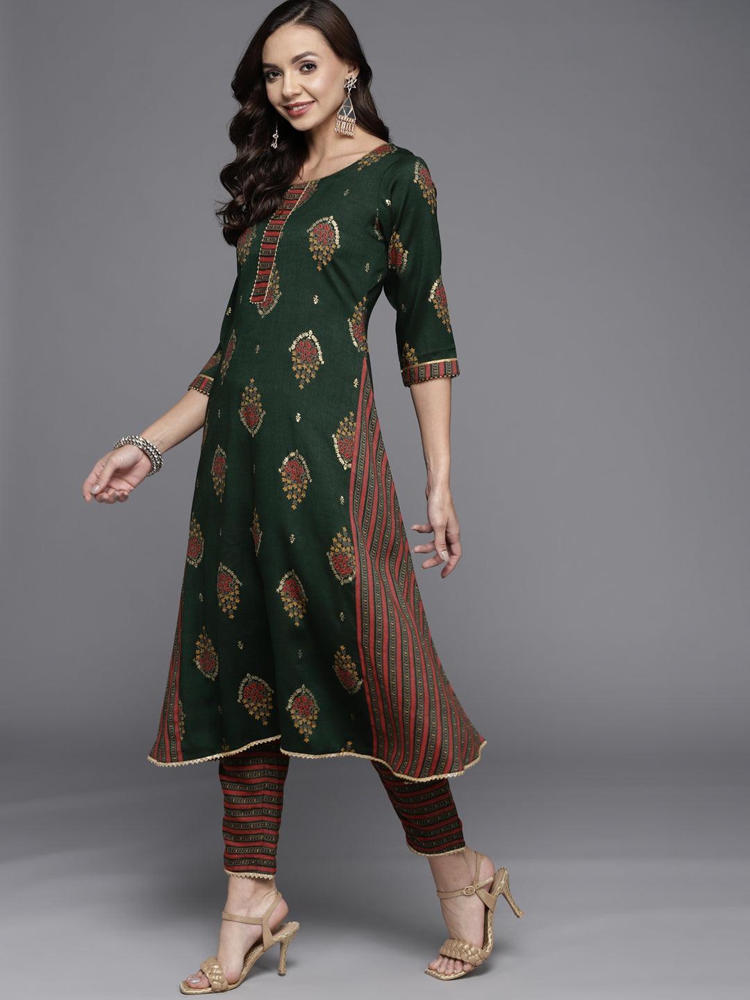 Green Printed Rayon Straight Suit Set - ShopLibas
