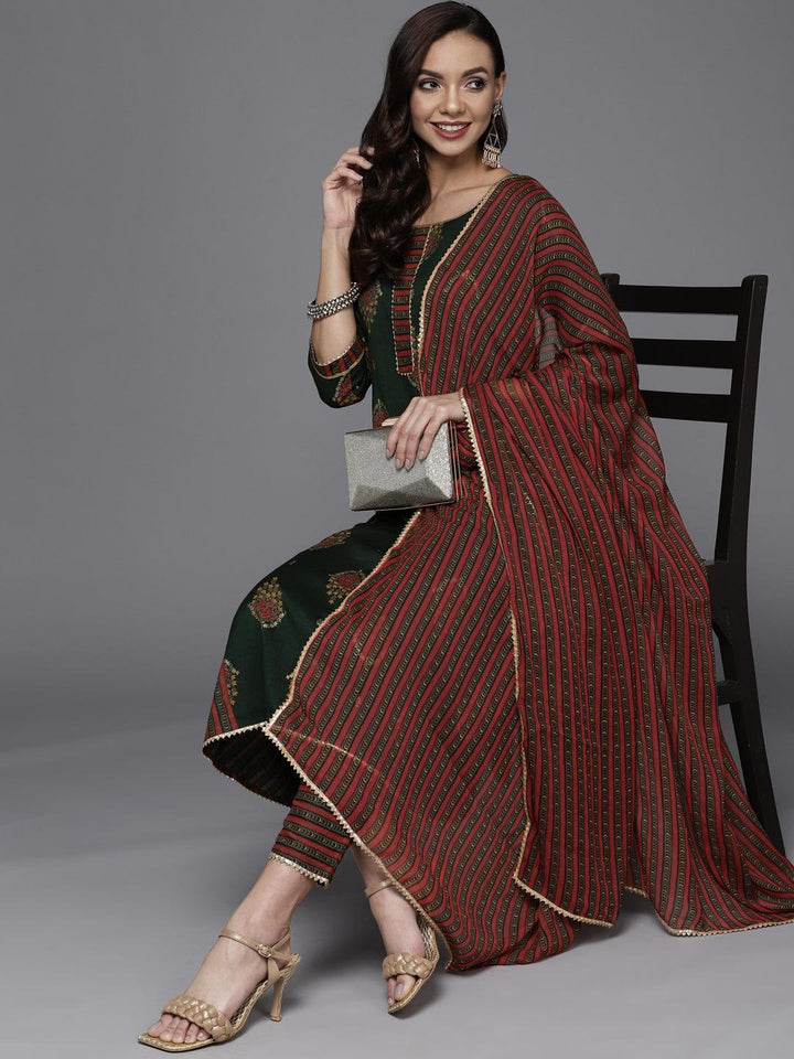 Green Printed Rayon Straight Suit Set