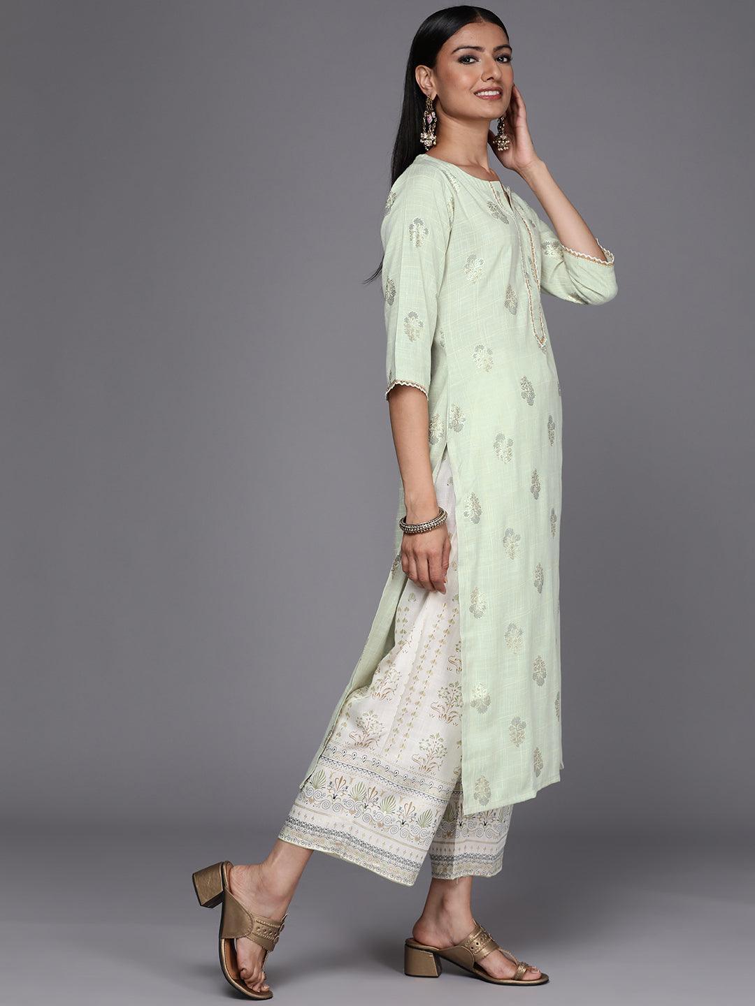 Green Printed Rayon Straight Suit Set - ShopLibas