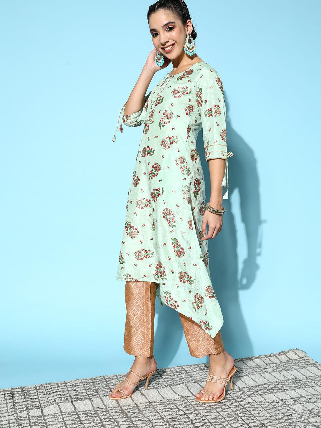 Green Printed Silk A-Line Kurta - ShopLibas