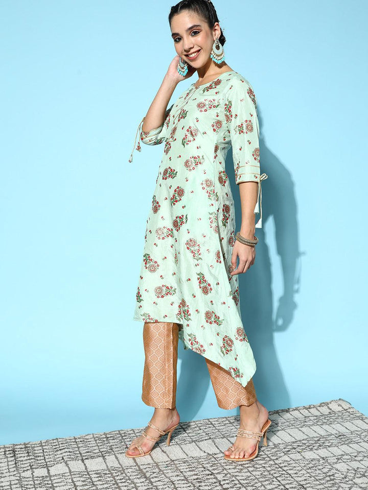 Green Printed Silk A-Line Kurta