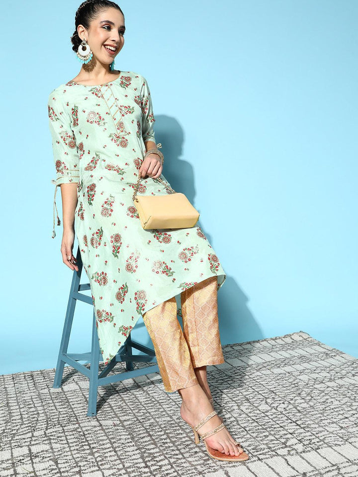 Green Printed Silk A-Line Kurta