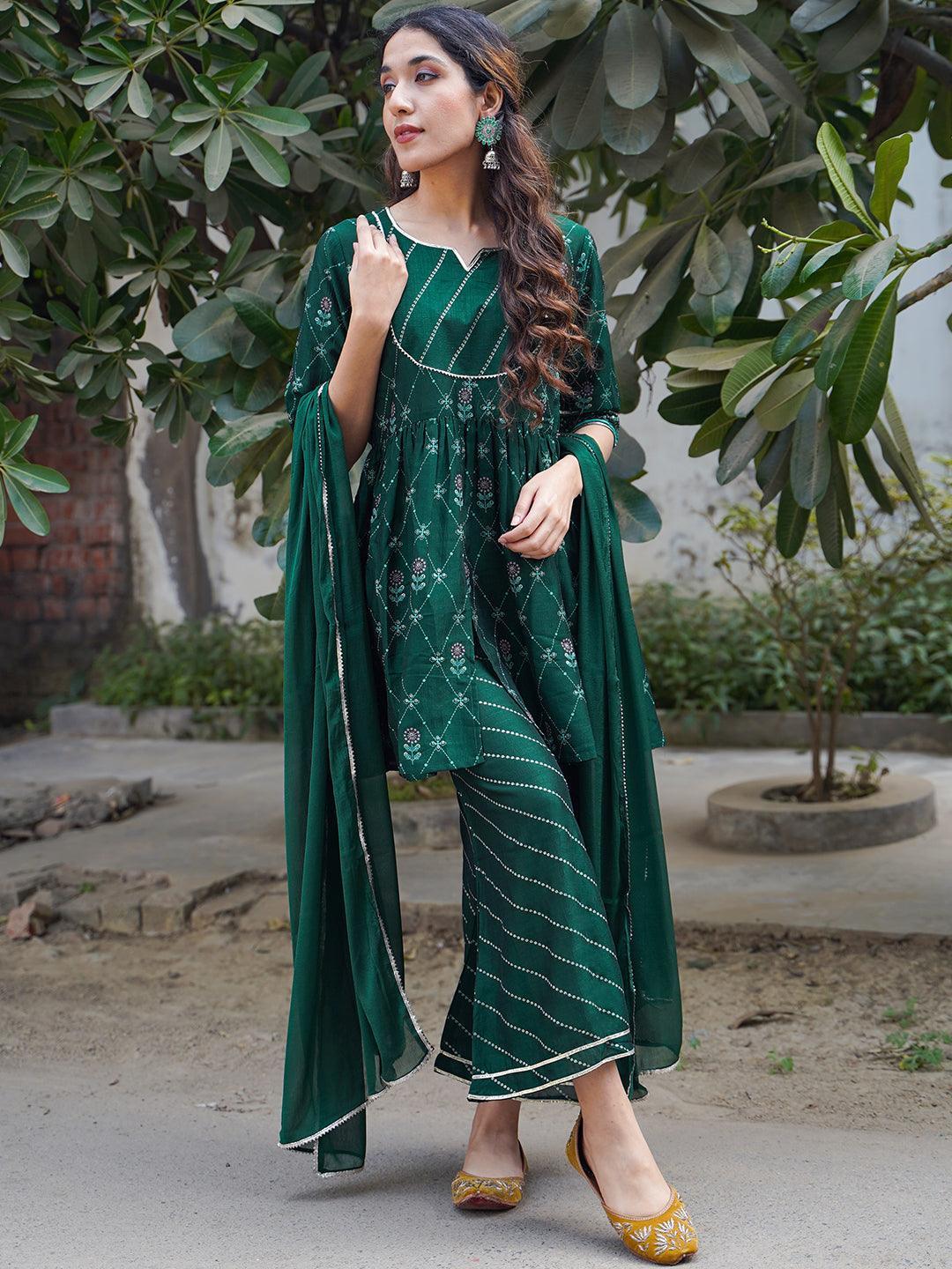 Buy Green Printed Silk Blend A-Line Kurta With Palazzos Dupatta