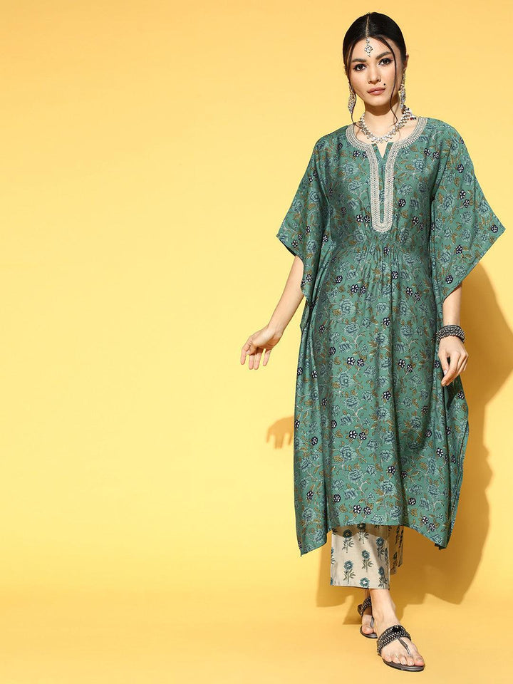 Green Printed Silk Blend Kaftan Kaftan With Palazzos