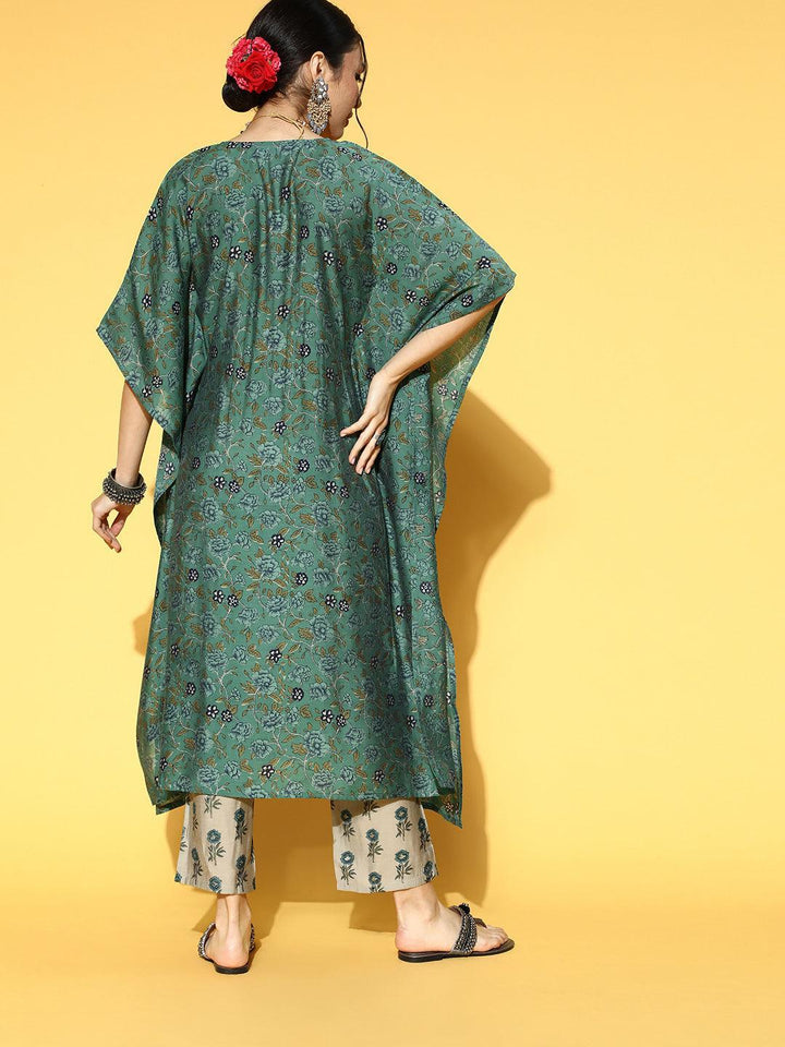 Green Printed Silk Blend Kaftan Kaftan With Palazzos