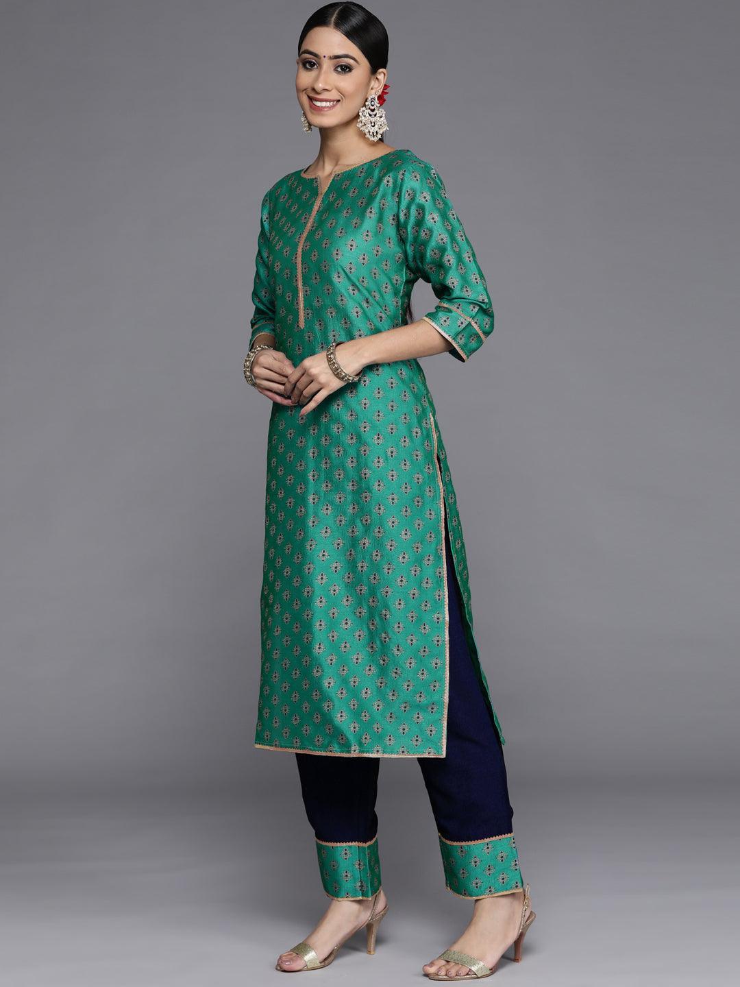 Green Printed Silk Blend Straight Suit Set With Trousers - Libas