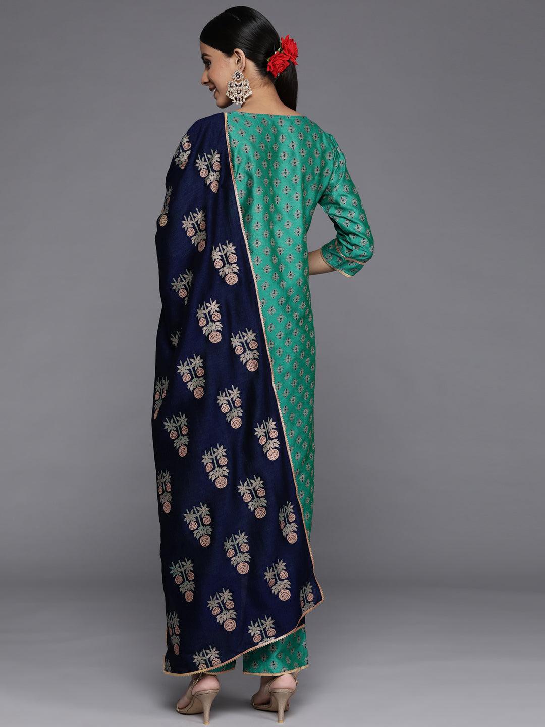 Green Printed Silk Blend Straight Suit Set With Trousers - Libas