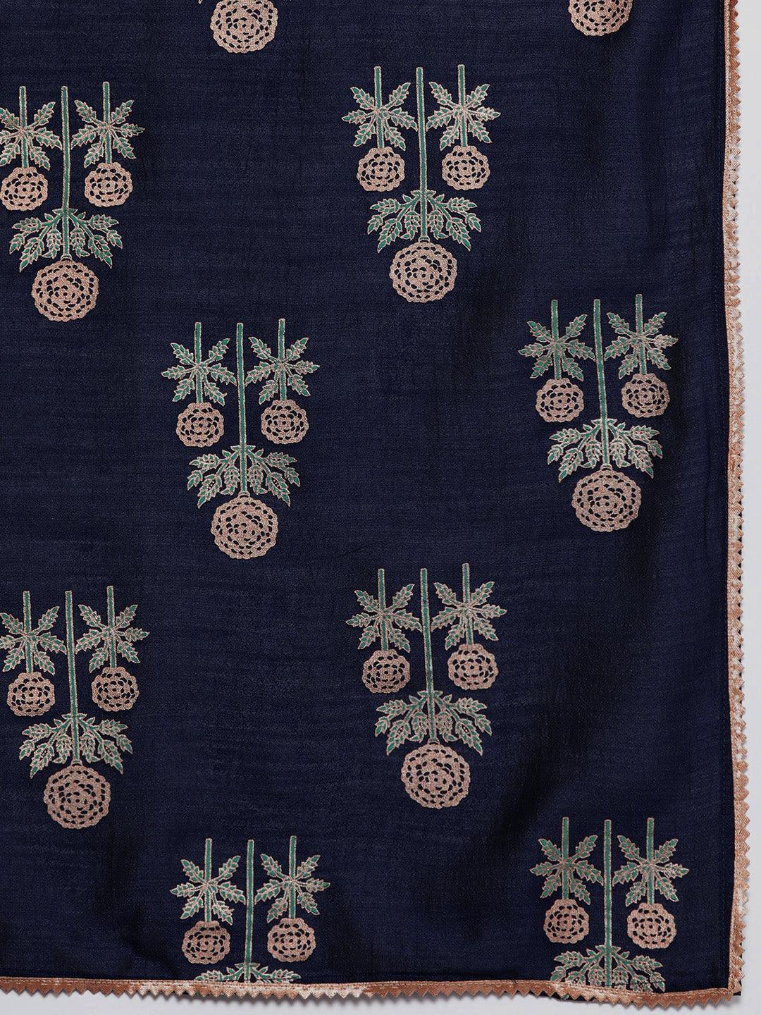 Green Printed Silk Blend Straight Suit Set With Trousers - Libas