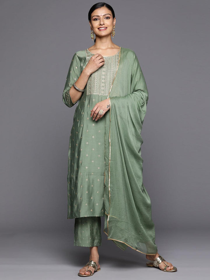 Green Printed Silk Blend Straight Kurta With Trousers & Dupatta