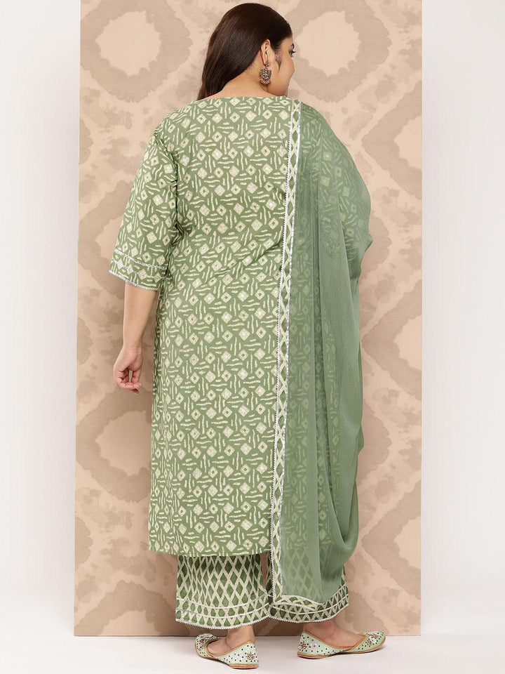 Green Printed Silk Blend Straight Kurta With Trousers and Dupatta