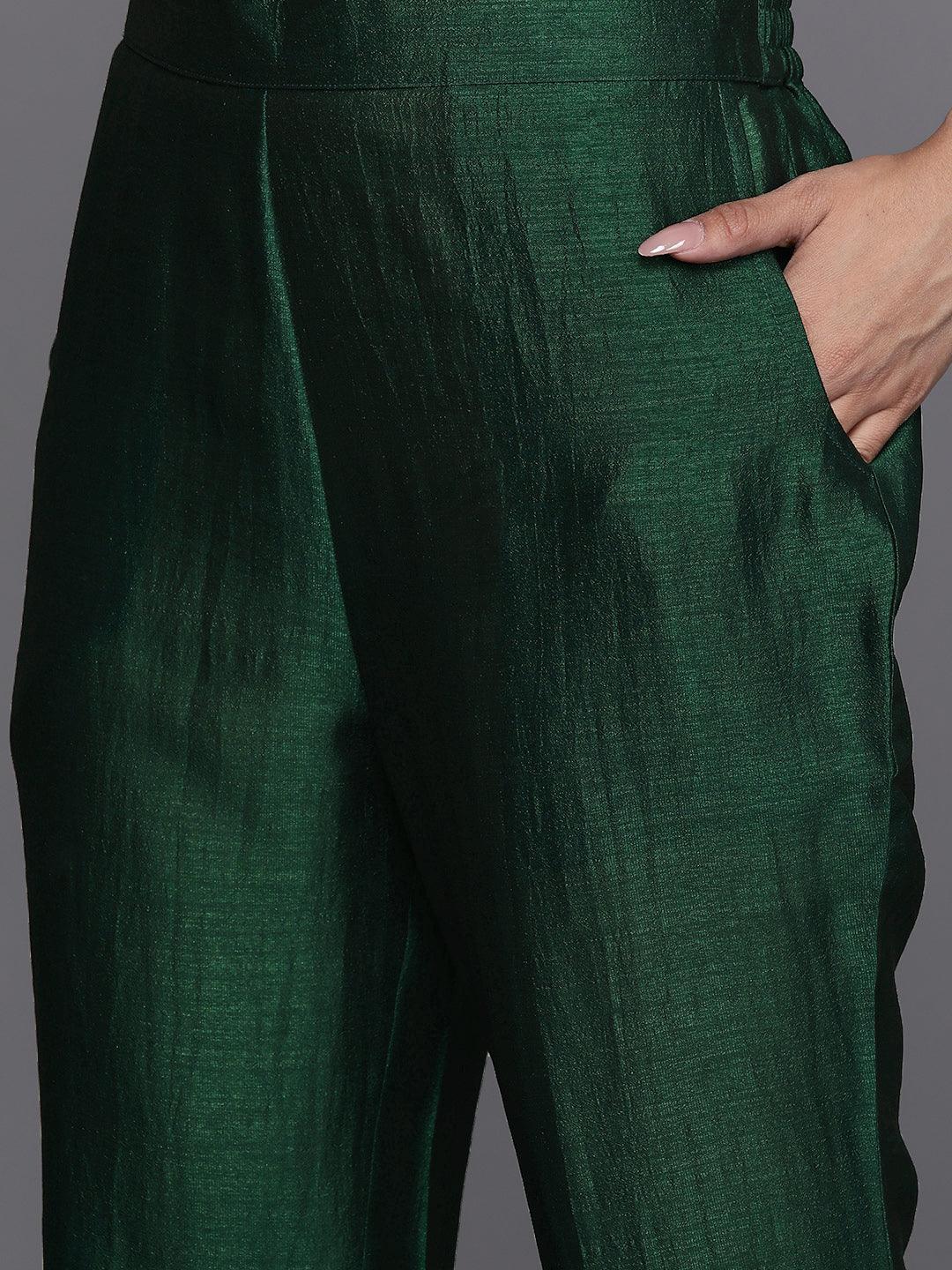 Green Printed Silk Blend Straight Kurta With Trousers & Dupatta - Libas