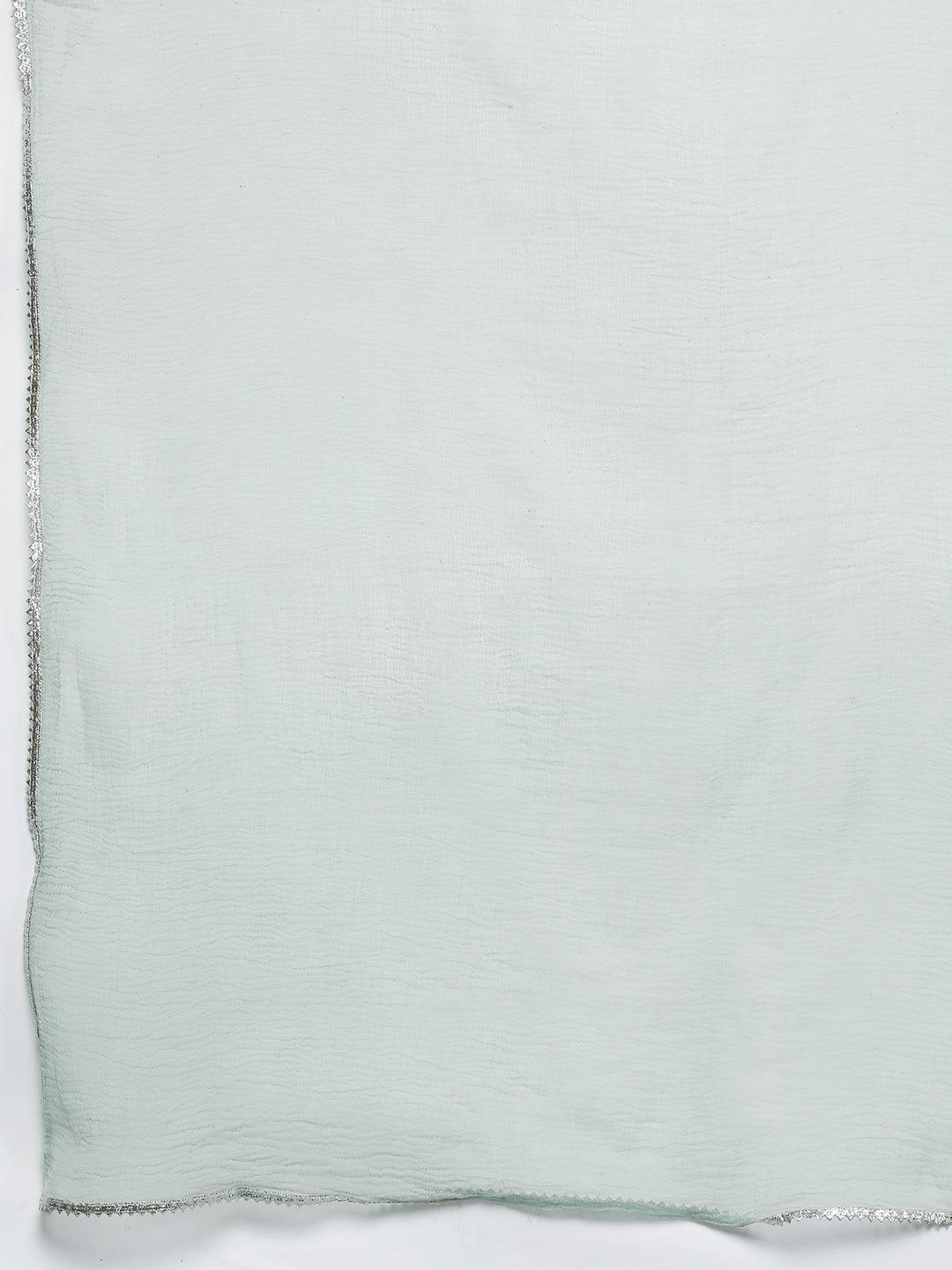 Green Printed Silk Blend Straight Kurta With Trousers & Dupatta - Libas