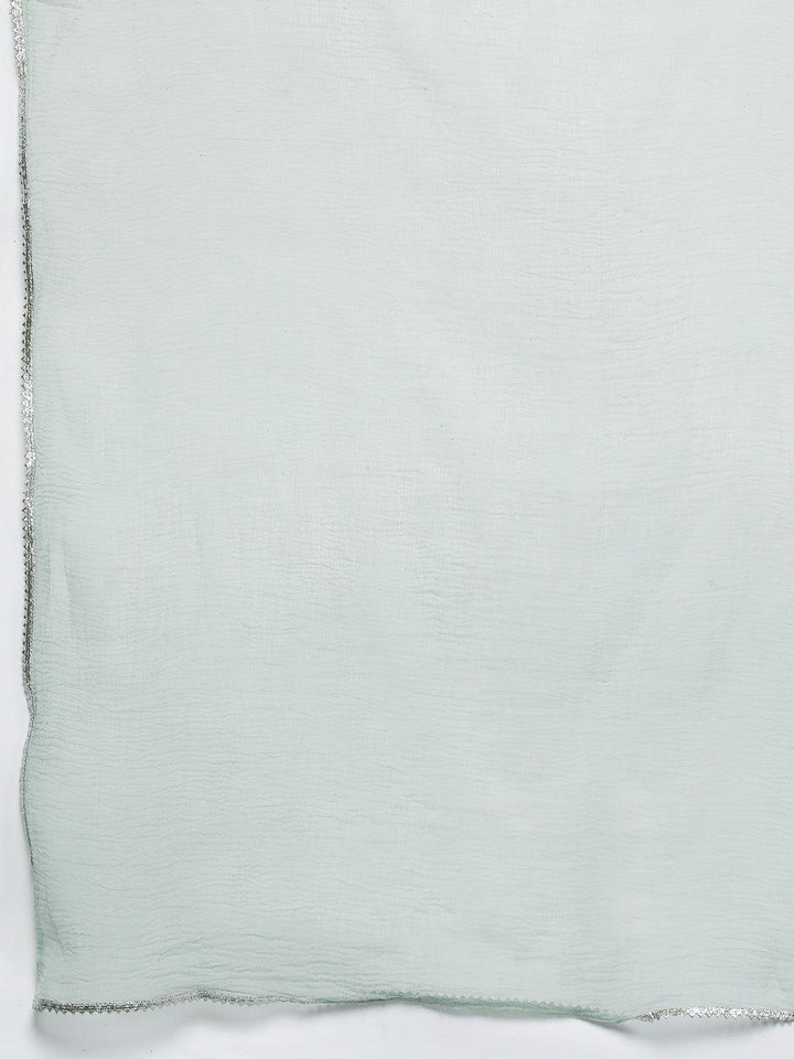 Green Printed Silk Blend Straight Kurta With Trousers & Dupatta