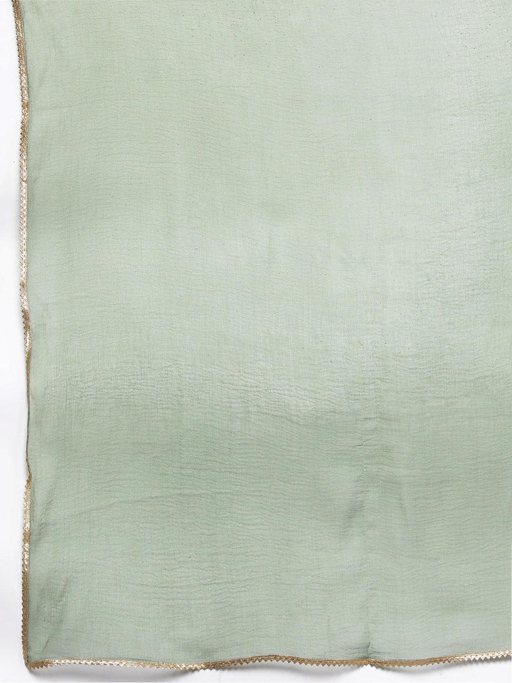 Green Printed Silk Blend Straight Kurta With Trousers & Dupatta