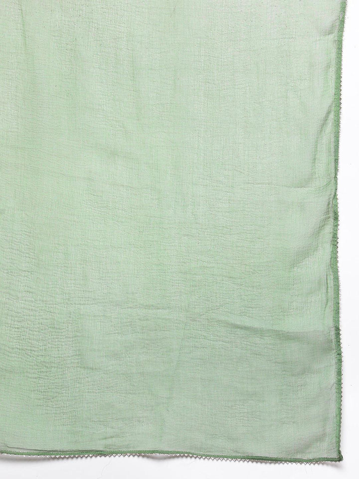 Green Printed Silk Blend Straight Kurta With Trousers & Dupatta