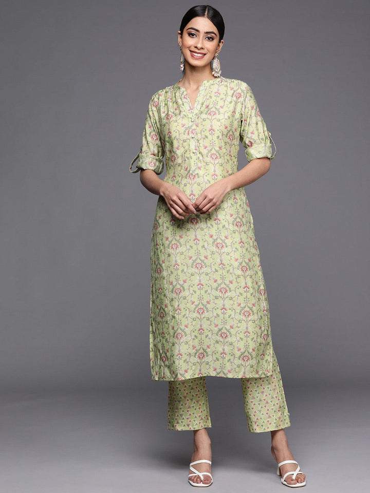 Green Printed Silk Blend Straight Kurta Set With Trousers