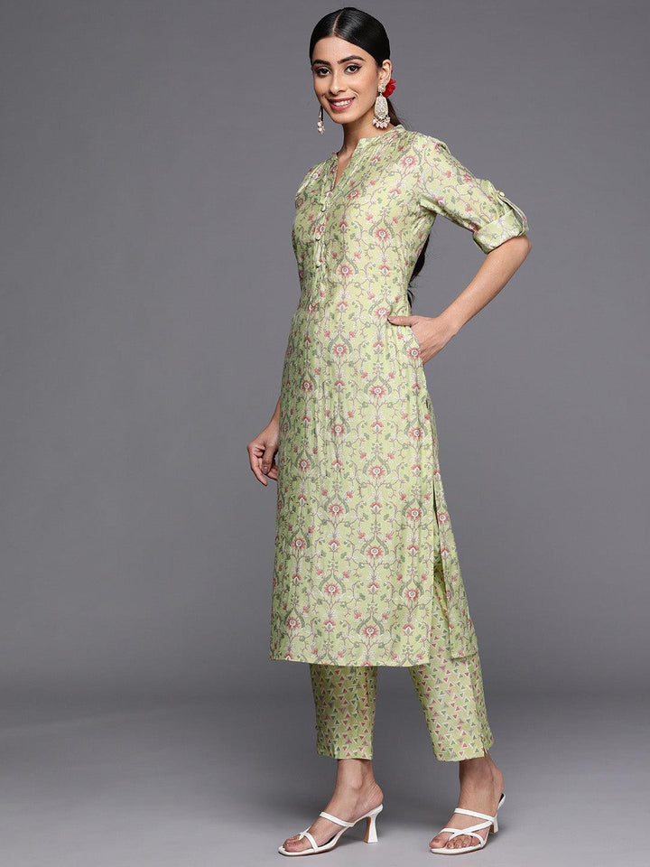 Green Printed Silk Blend Straight Kurta Set With Trousers
