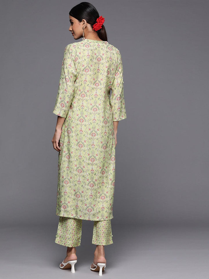 Green Printed Silk Blend Straight Kurta Set With Trousers