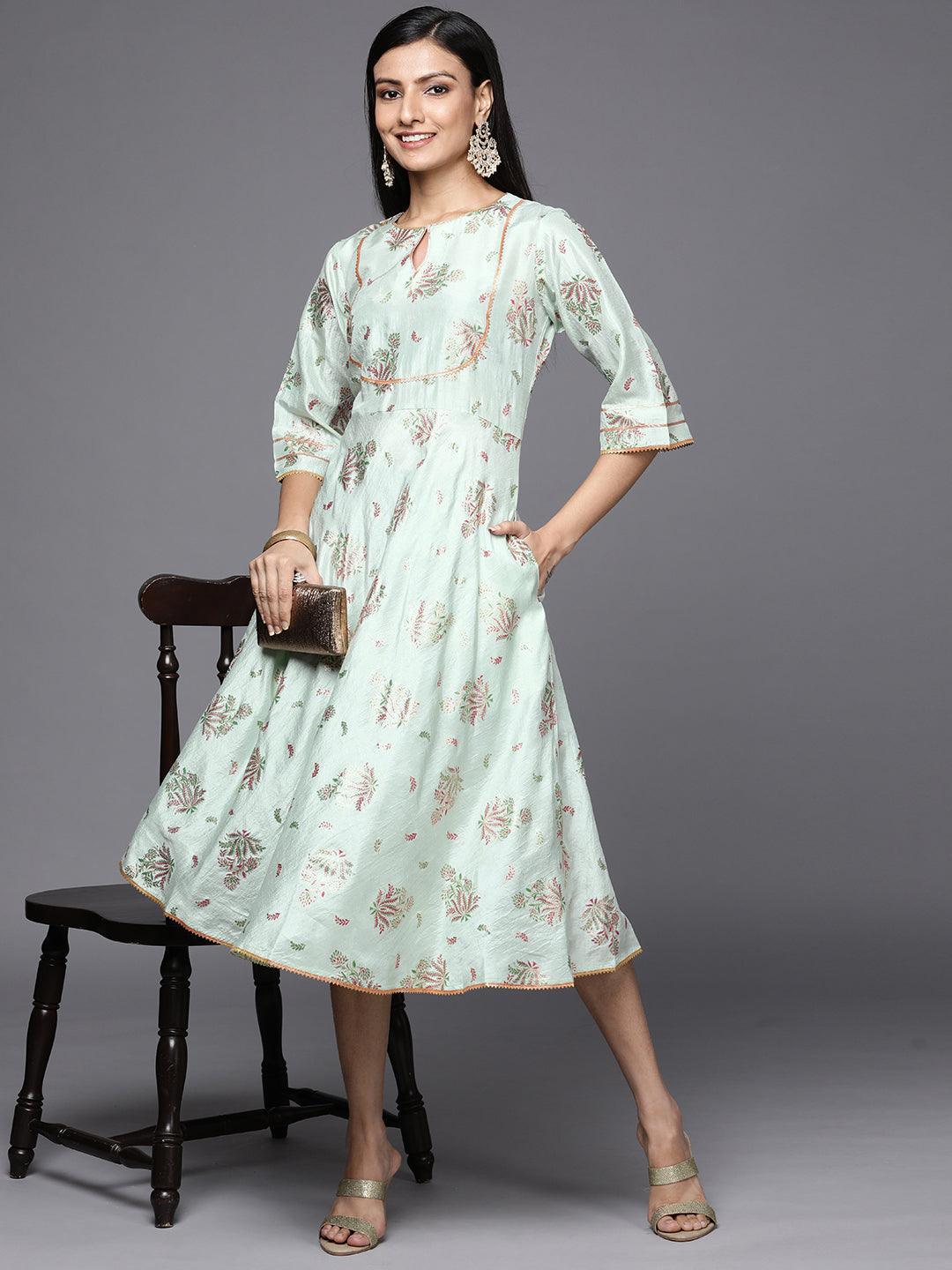 Green Printed Silk Empire Dress - ShopLibas