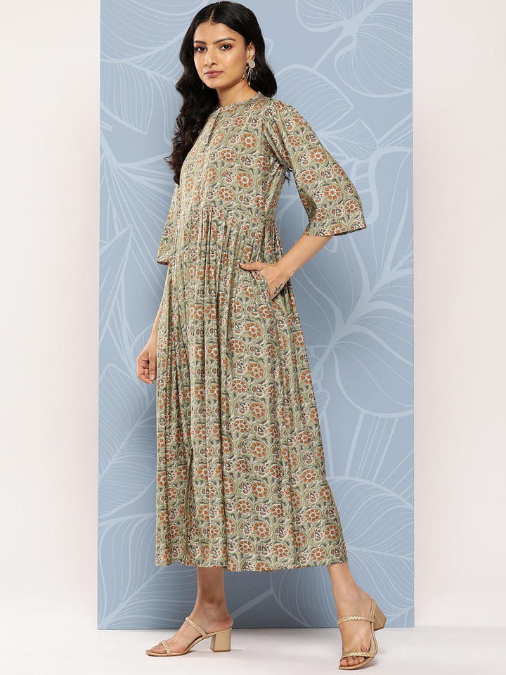 Green Printed Silk Fit and Flare Dress