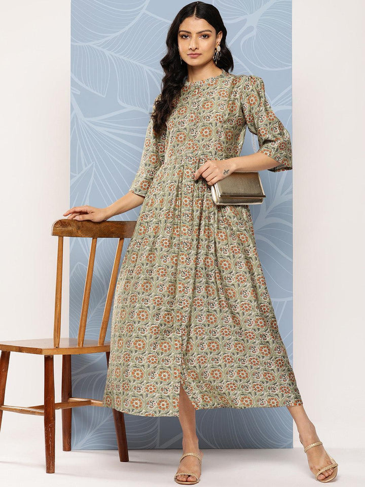 Green Printed Silk Fit and Flare Dress