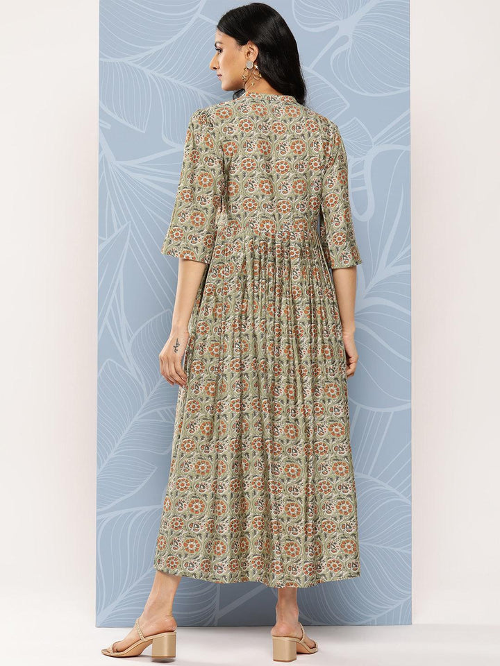 Green Printed Silk Fit and Flare Dress