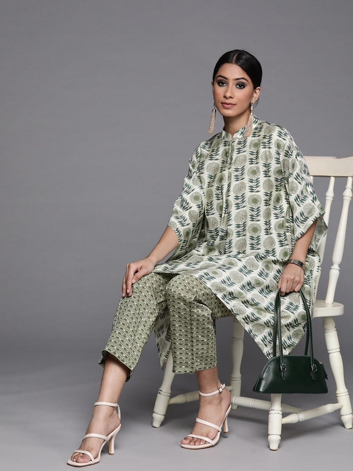 Green Printed Silk Kurta Set