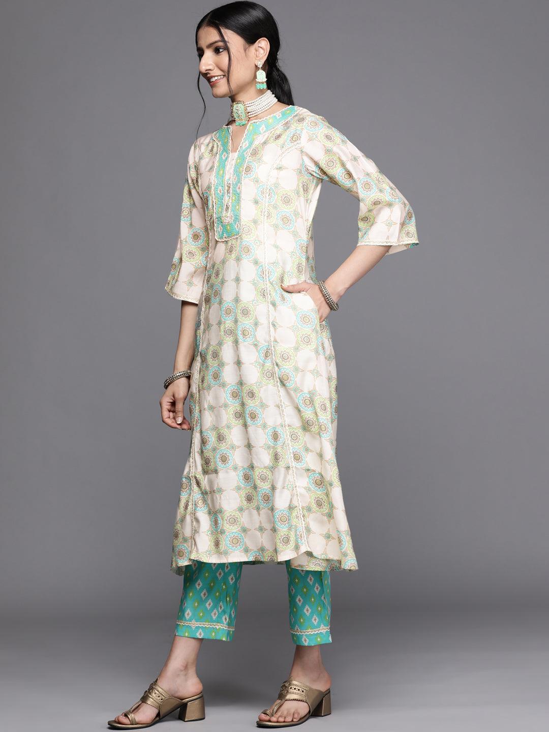 Green Printed Silk Kurta - ShopLibas