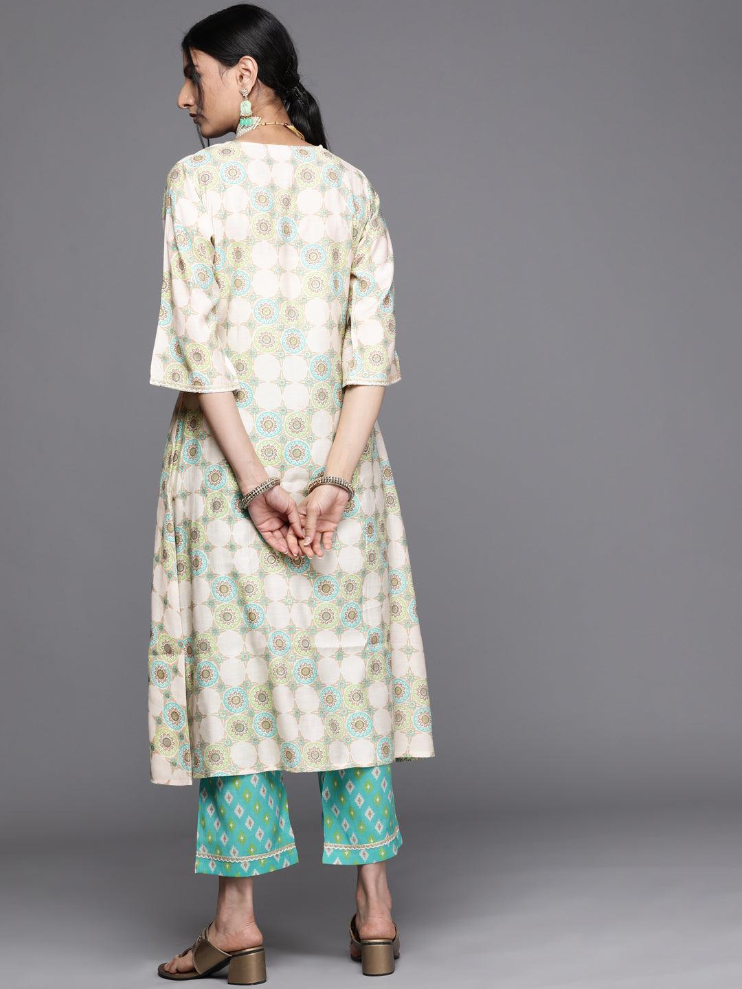 Green Printed Silk Kurta - ShopLibas