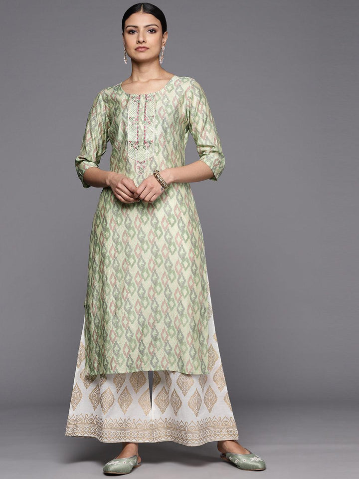 Green Printed Silk Straight Kurta