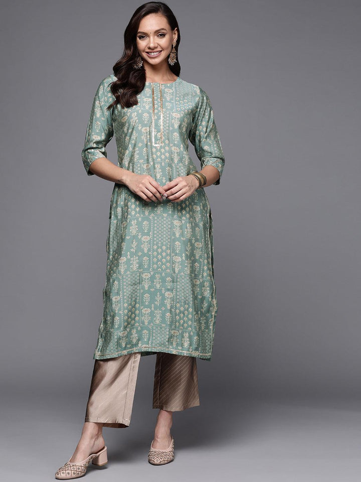 Green Printed Silk Straight Kurta