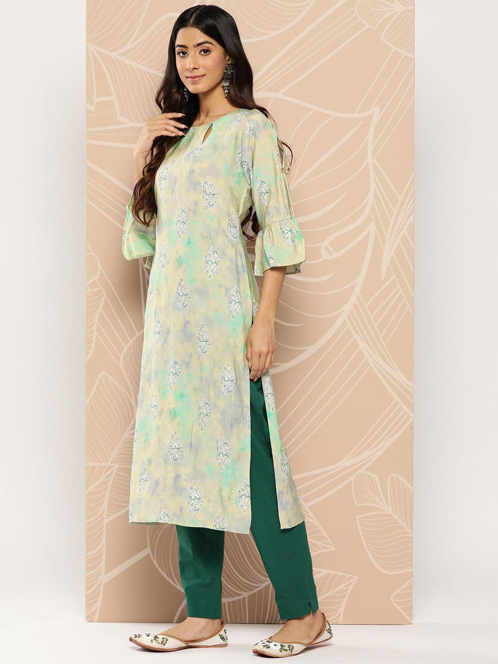Green Printed Silk Straight Kurta