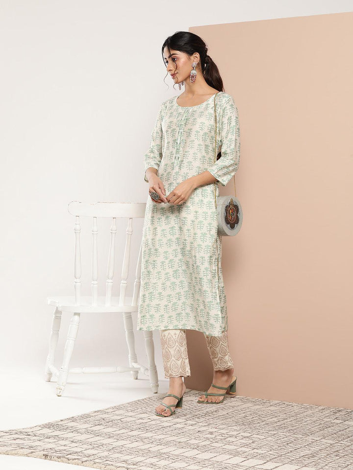 Green Printed Silk Straight Kurta