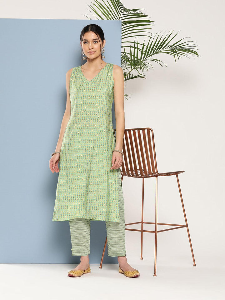 Green Printed Silk Straight Kurta