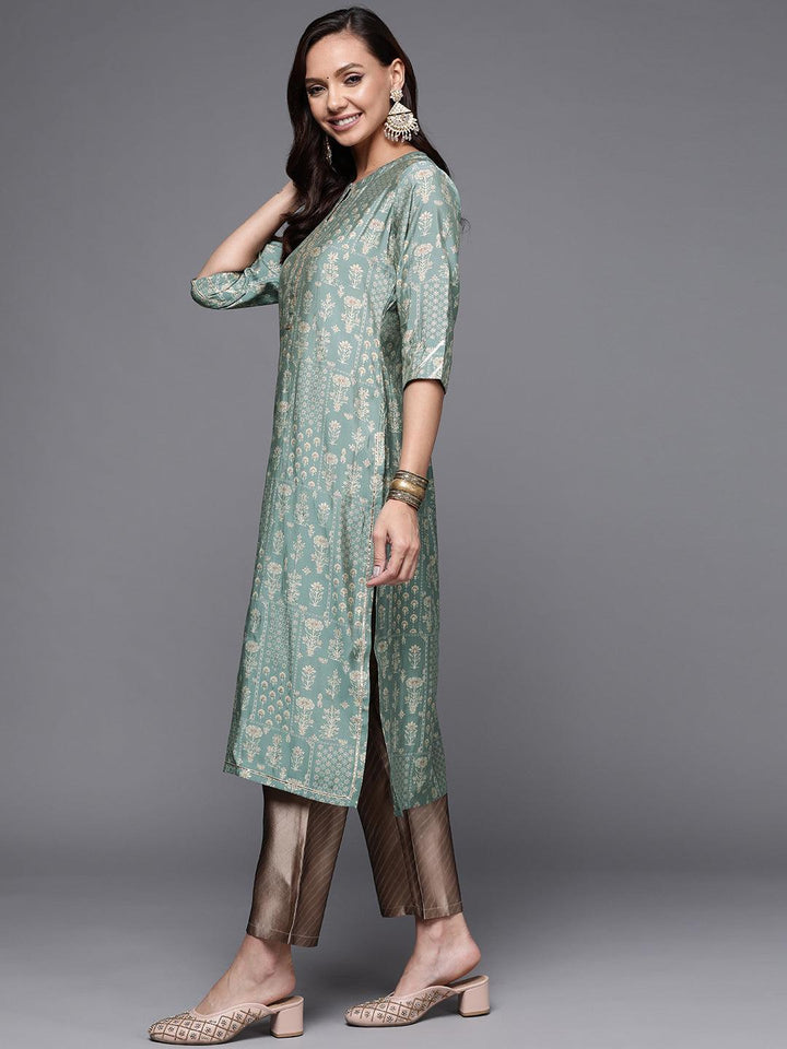 Green Printed Silk Straight Kurta