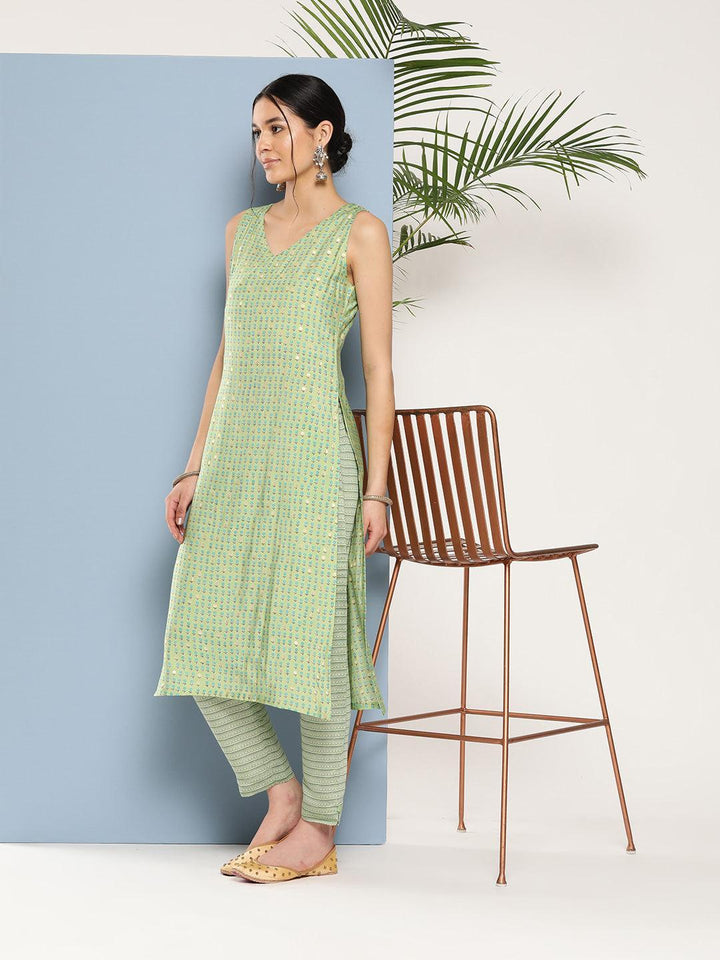Green Printed Silk Straight Kurta